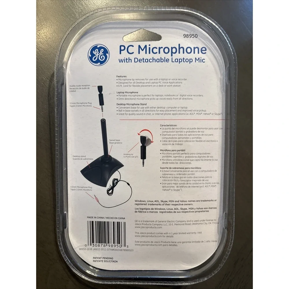 NEW GE PC Microphone Detachable Laptop Mic 2 in 1 Desktop 20669 6' cord